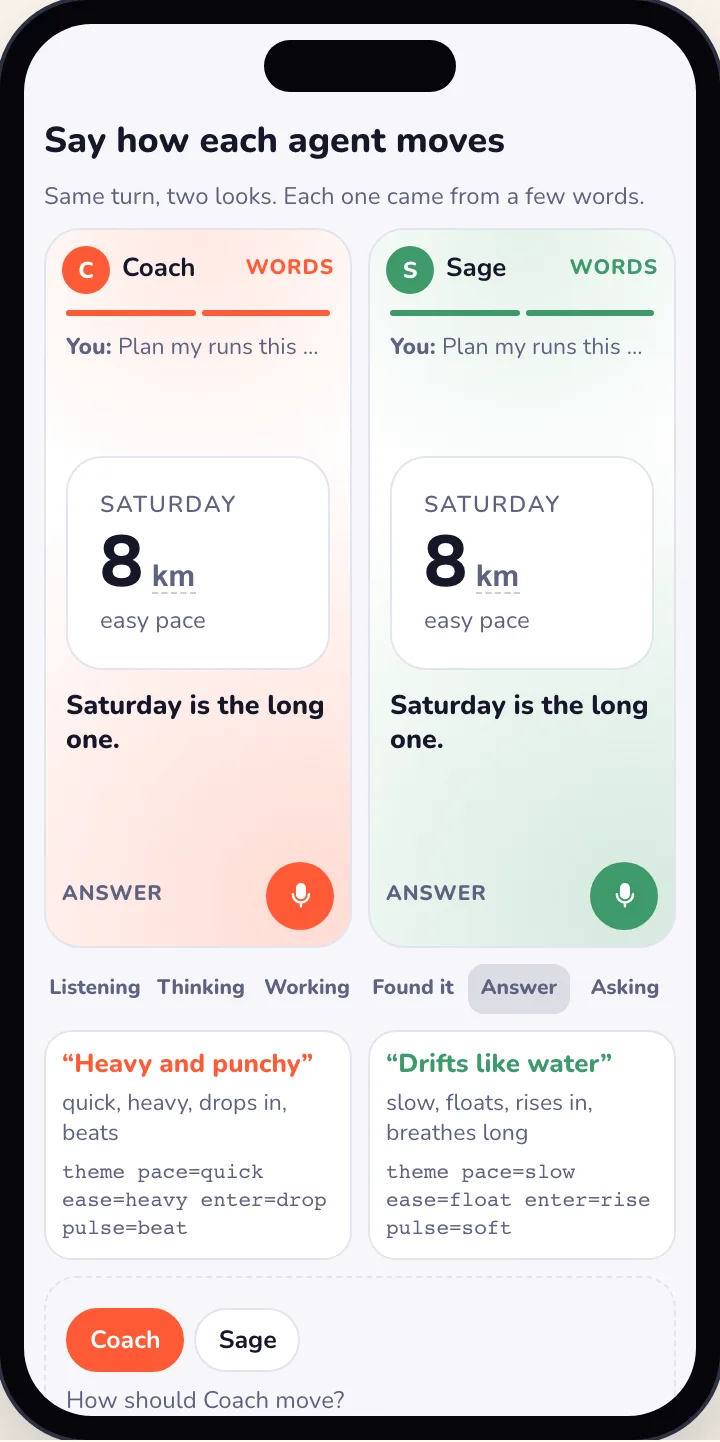 Light mode: both agents on the same answer, Saturday is the long one, 8 km, each with the theme line its words made.