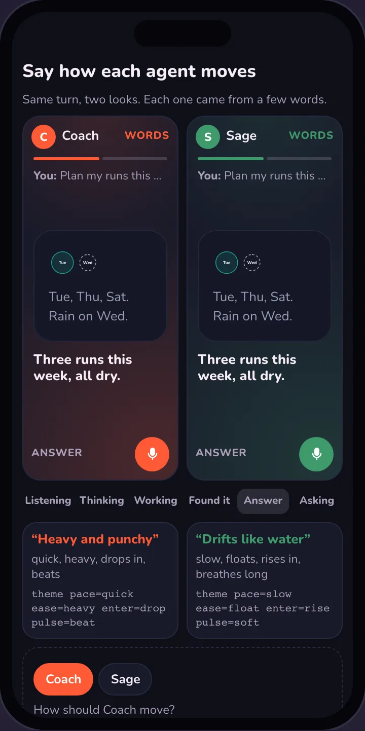 Dark mode: Coach and Sage side by side on Reading your calendar, with their looks under them: Heavy and punchy, quick, heavy, drops in, beats; Drifts like water, slow, floats, rises in, breathes long.