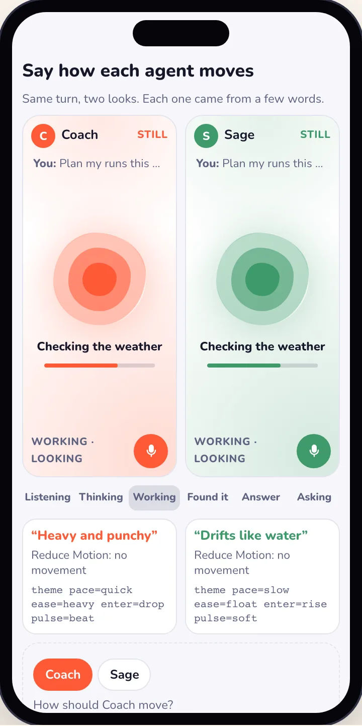 Light mode: the Reduce Motion version, both stages marked still.