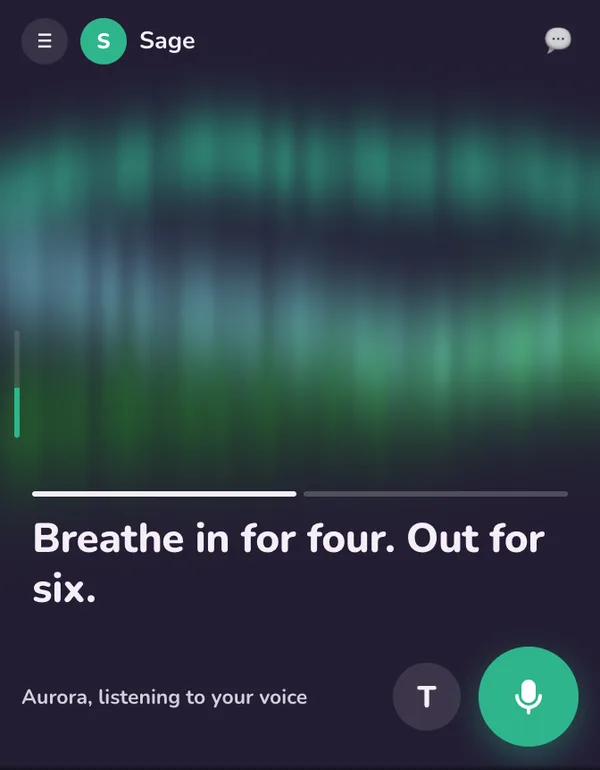 Dark mode: Sage's stage with green and blue aurora ribbons behind the words Breathe in for four. Out for six. The pill reads Aurora, listening to your voice.