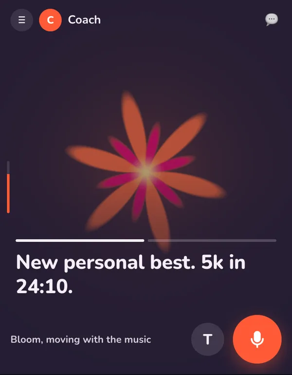 Dark mode: Coach's stage with orange and pink petals of light opening on the beat above the words New personal best. 5k in 24:10.