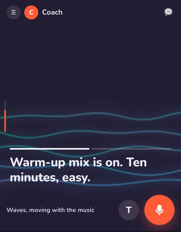 Dark mode: Coach's stage with thin blue wave lines rippling low on the screen behind Warm-up mix is on. Ten minutes, easy.