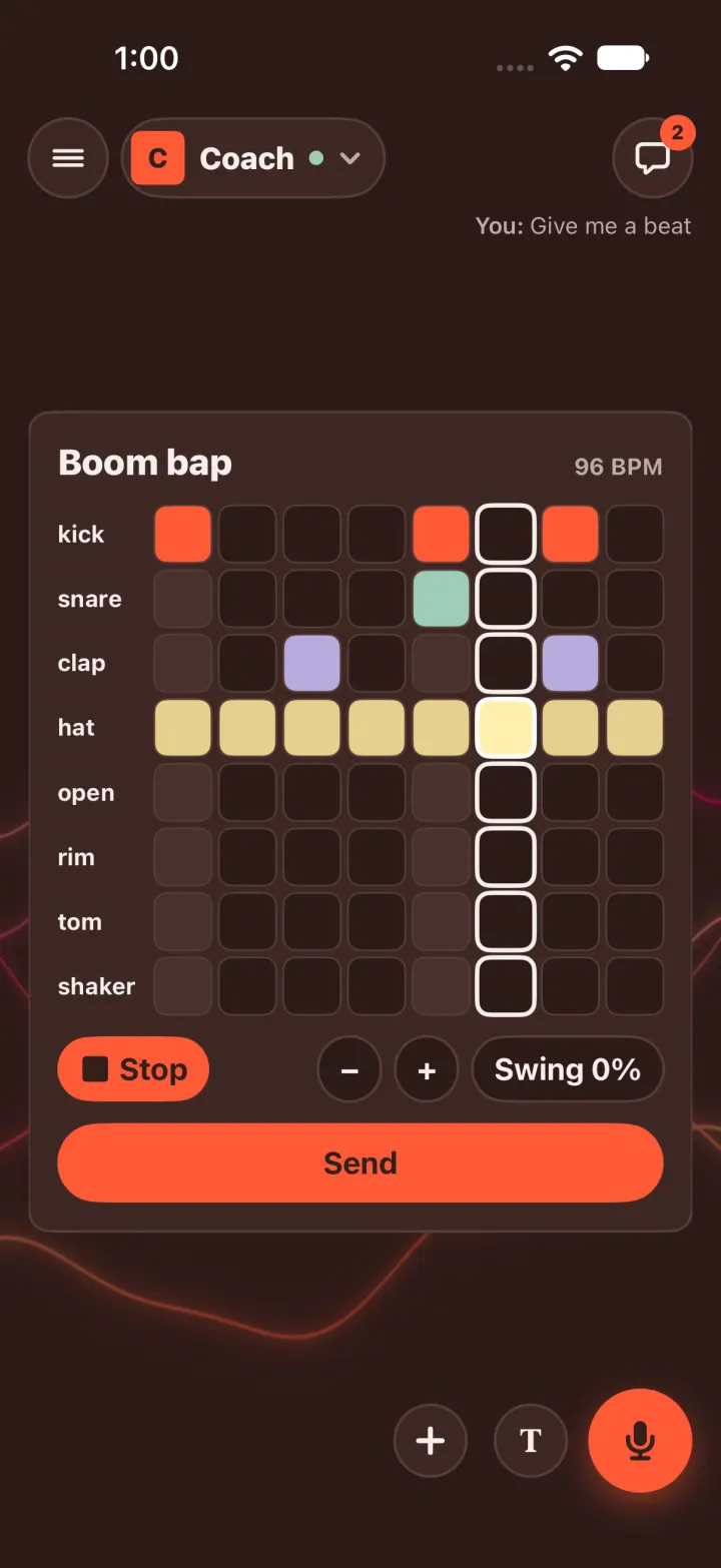 Dark mode: wave lines moving with a boom bap loop on the stage