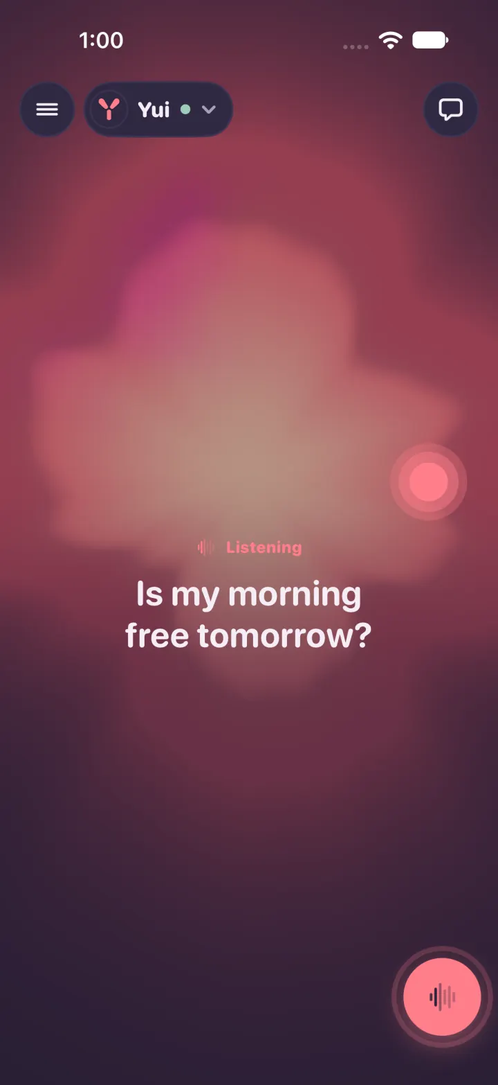 Dark mode: a soft orb of light swelling behind the stage while you talk