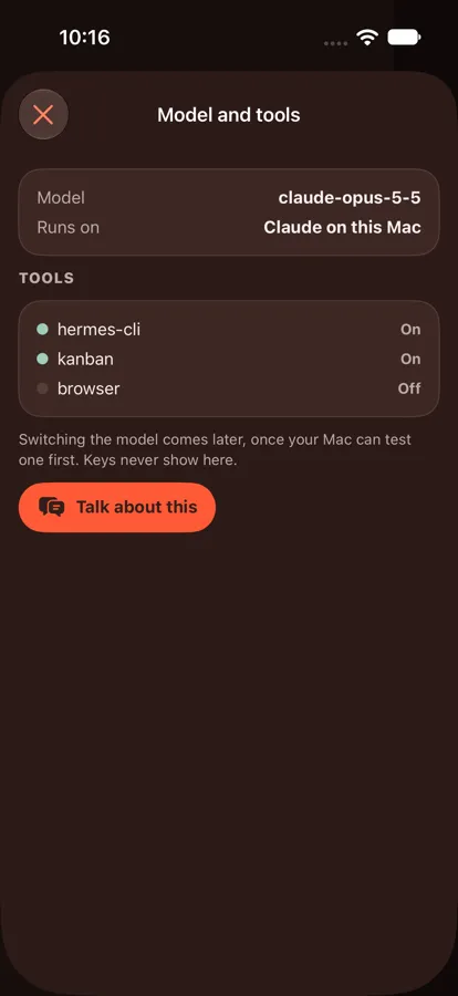 Dark mode: the Model and tools area of the Agent tab, showing the model, where it runs, and hermes-cli and kanban on, browser off.