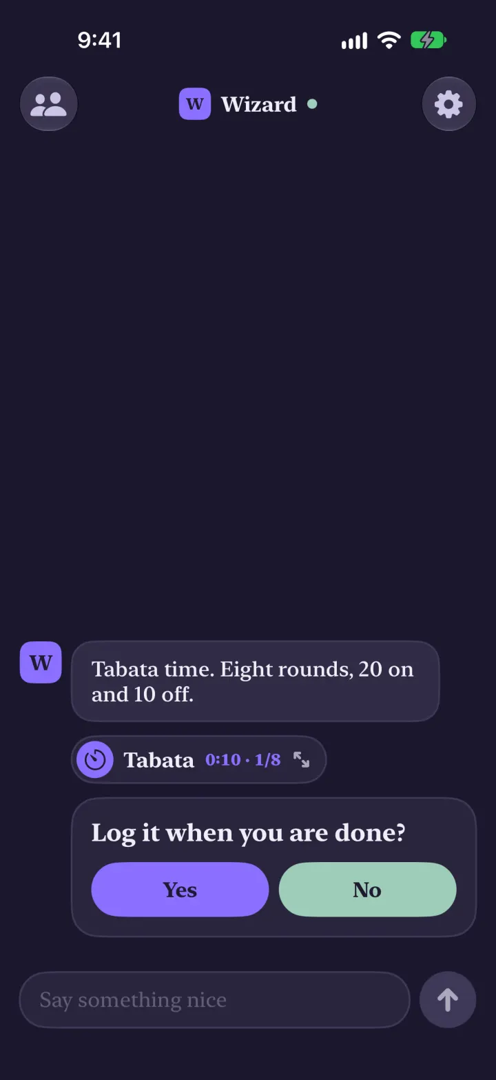 After swiping the stage away: the wizard's chat in dark mode, with a Tabata pill showing 0:10 and round 1 of 8 between the message and the question