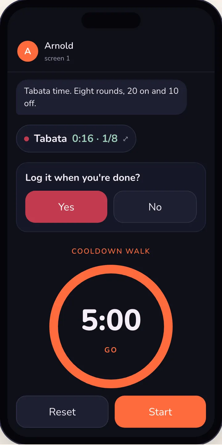 The web playground after the stage was swiped away: a live Tabata pill in the chat