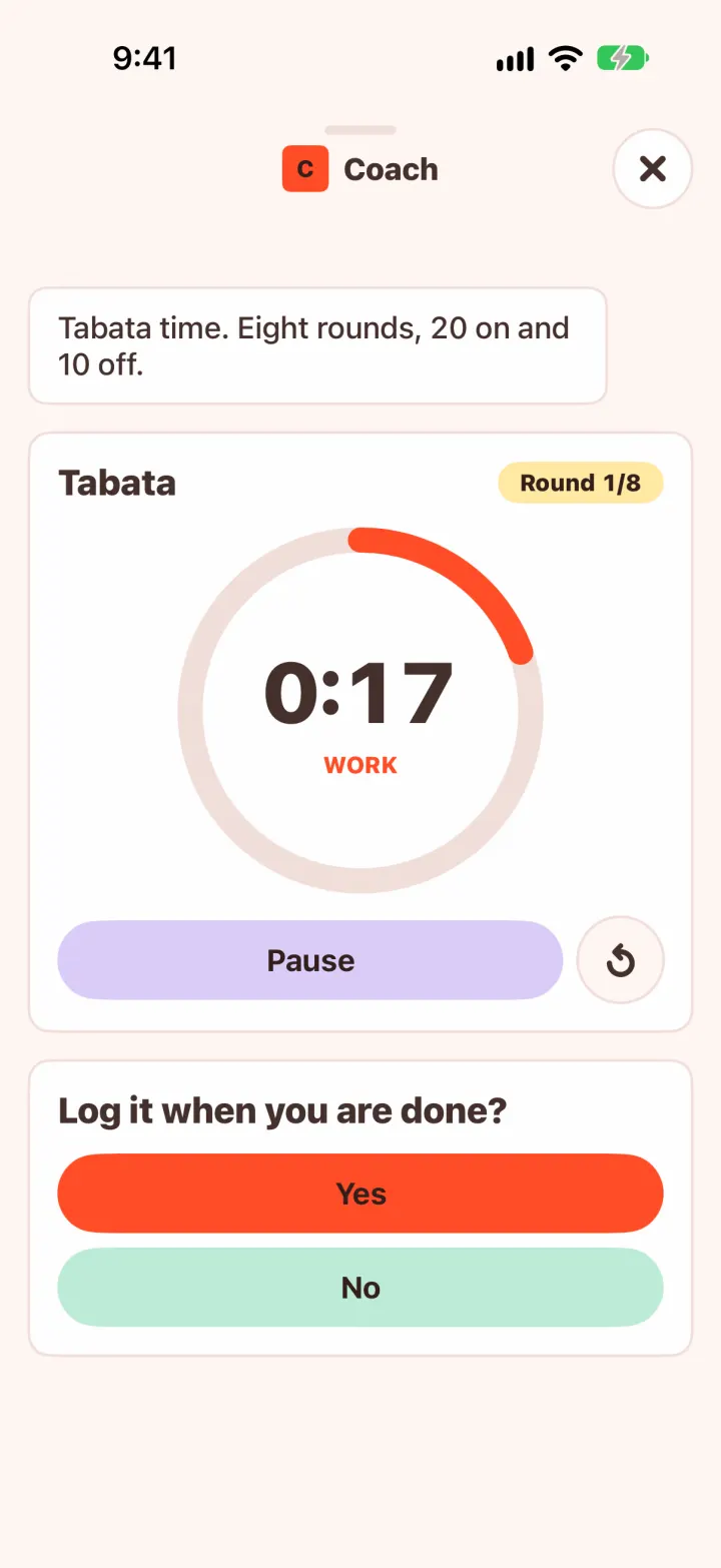 A coach agent's tabata workout full screen in light mode: a big timer ring with Pause, the coach's line and a Log it question