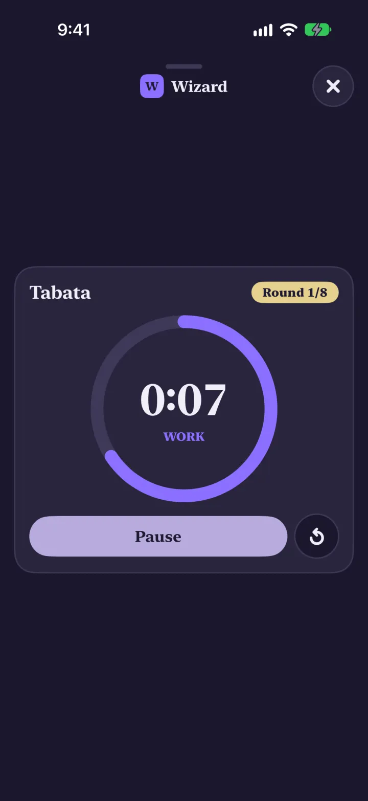 The pill tapped: the wizard's tabata back full screen, still running