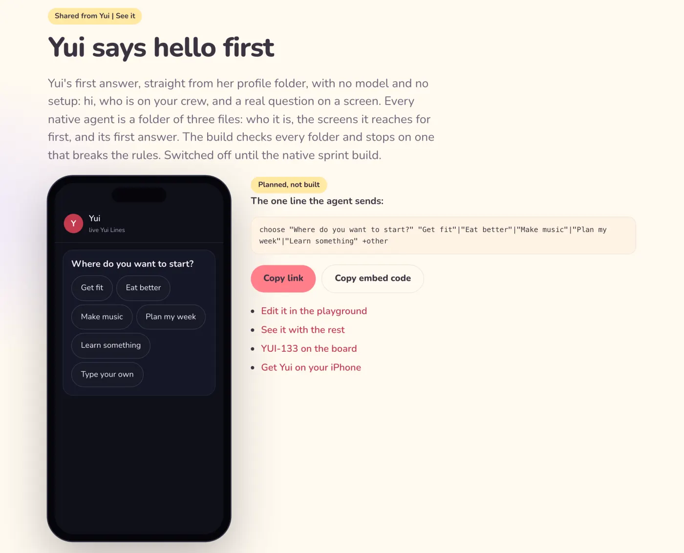 The See it page for Yui says hello first: a phone showing Yui's first screen, Where do you want to start?, with Get fit, Eat better, Make music, Plan my week, Learn something and Type your own, next to the one line Yui sends.