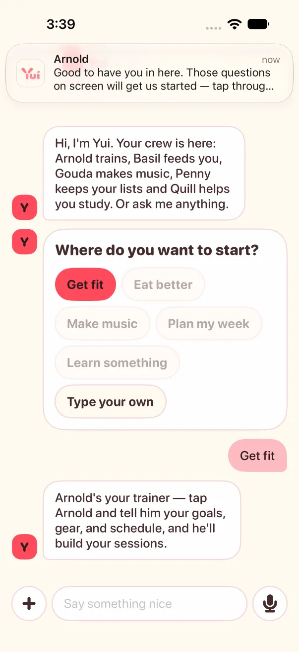 Before: hosted Yui answers 'Arnold's your trainer — tap Arnold', with an em dash