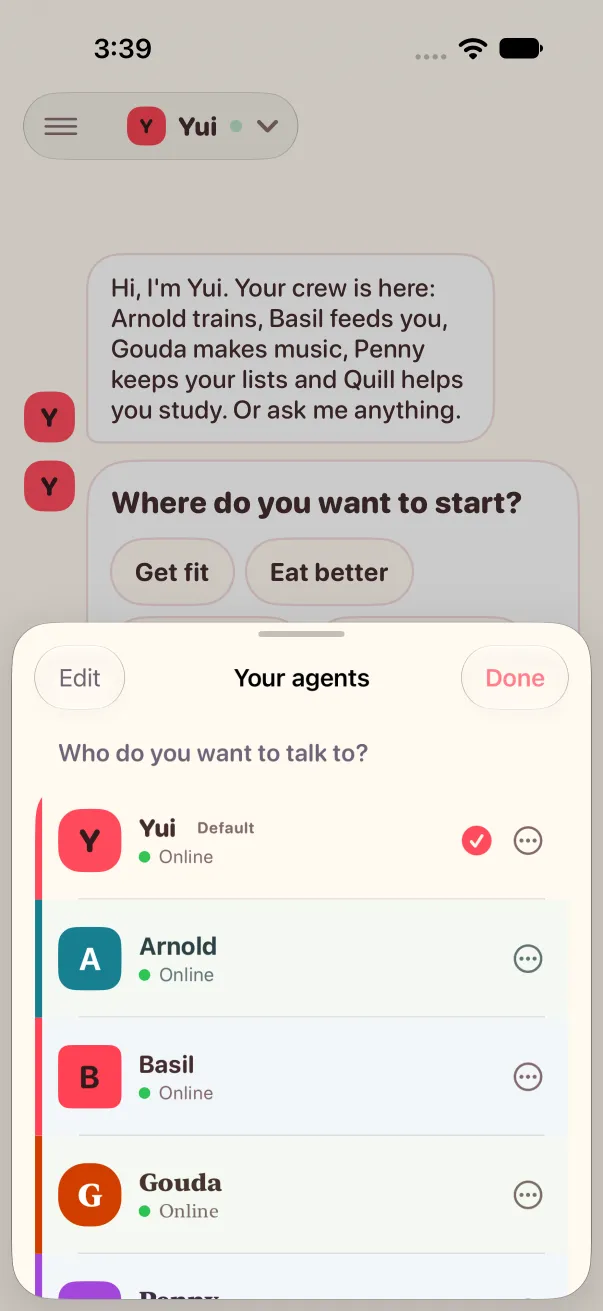 Your agents: Yui, Arnold, Basil and Gouda already in the list, all online