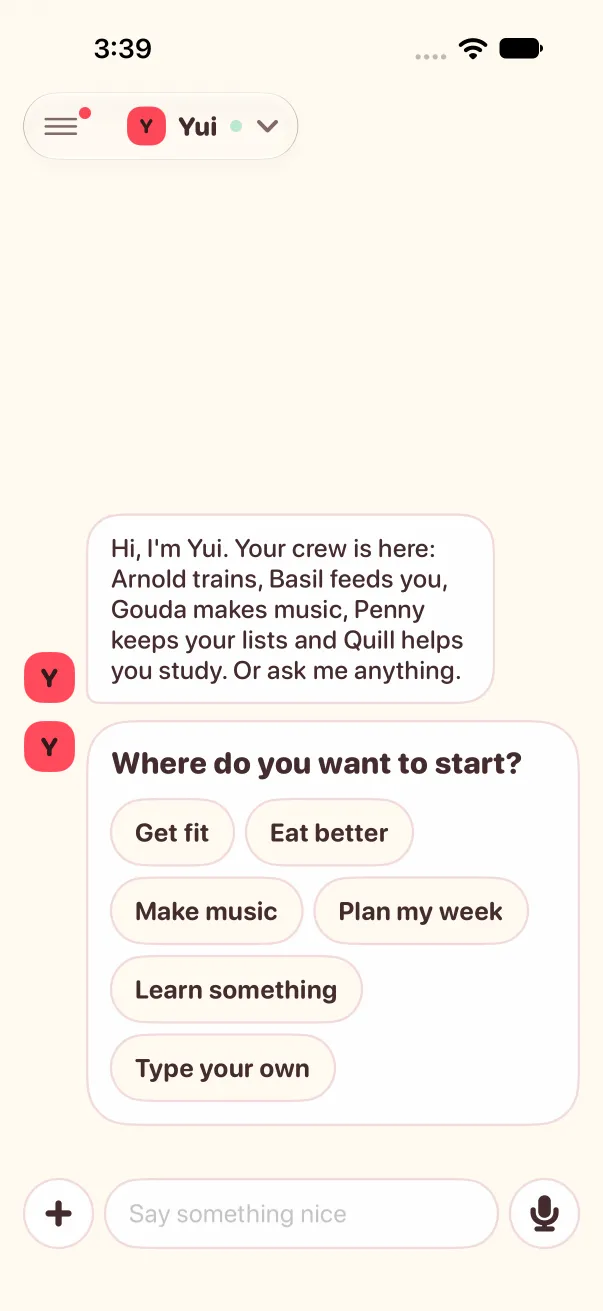 A new account's first launch: Yui's first message naming the crew, and a choice of where to start