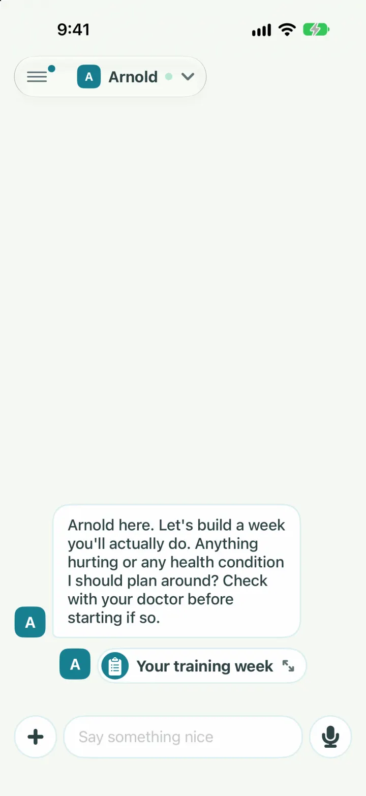 Arnold's first message on a new account: let's build a week, anything hurting or any health condition, check with your doctor before starting if so