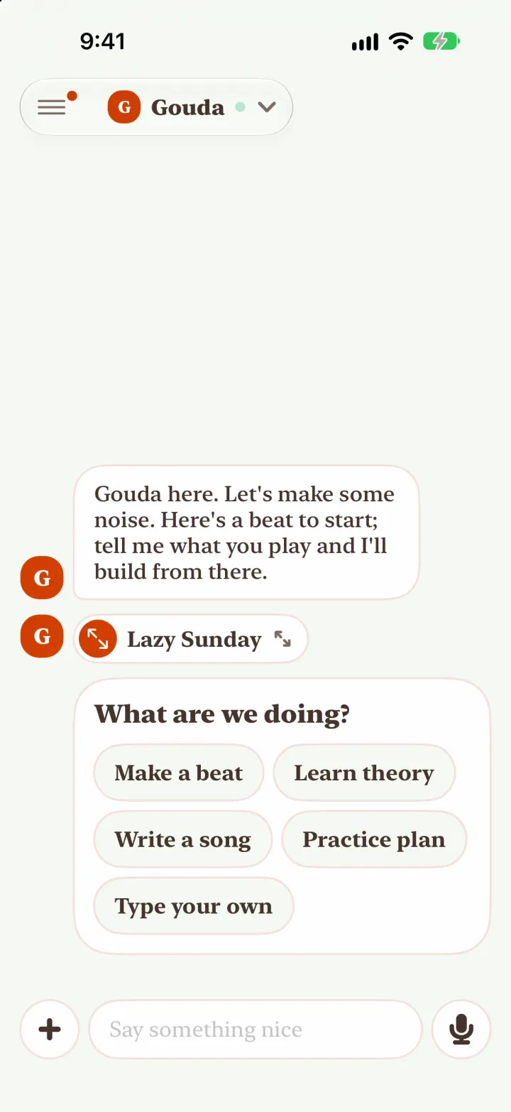 Gouda's first message with a Lazy Sunday beat and a choice: make a beat, learn theory, write a song or a practice plan