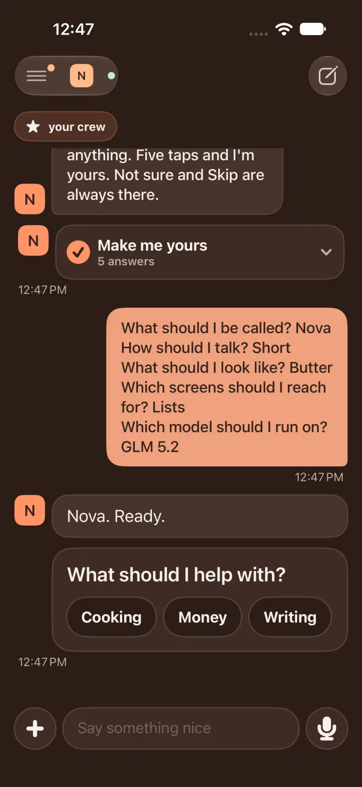 Dark mode: the new agent, now called Nova, greets in a short voice and asks what it should help with.