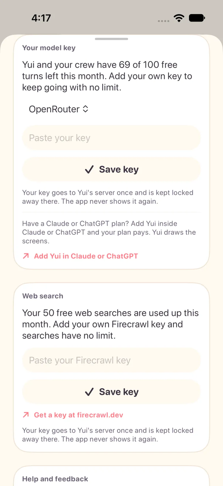 The plain key form in Settings