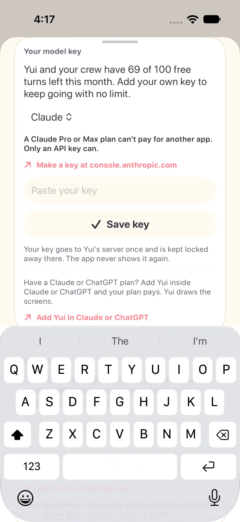 Light mode: the key sheet on Claude, saying a Pro or Max plan cannot pay for another app, with a link to make a key and a Paste your key field