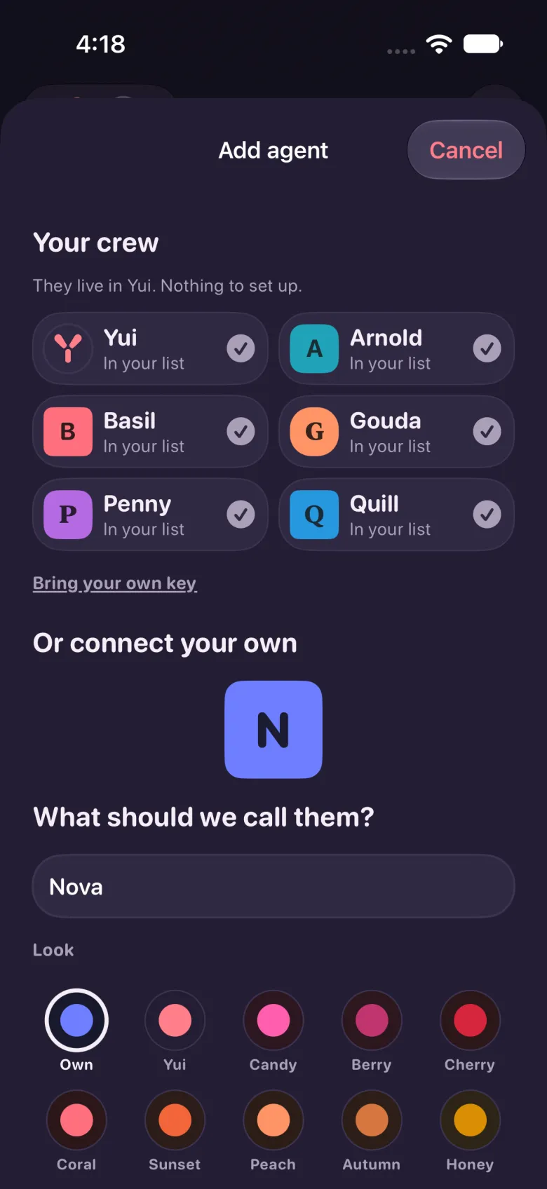 Dark mode: the key sheet reached from Add agent