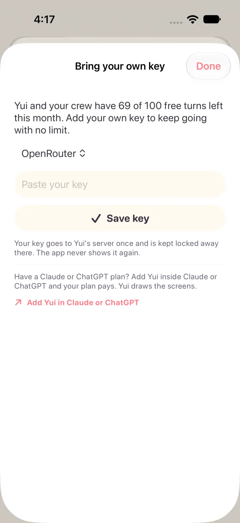 Light mode: the Bring your own key sheet on OpenRouter with a Save key button