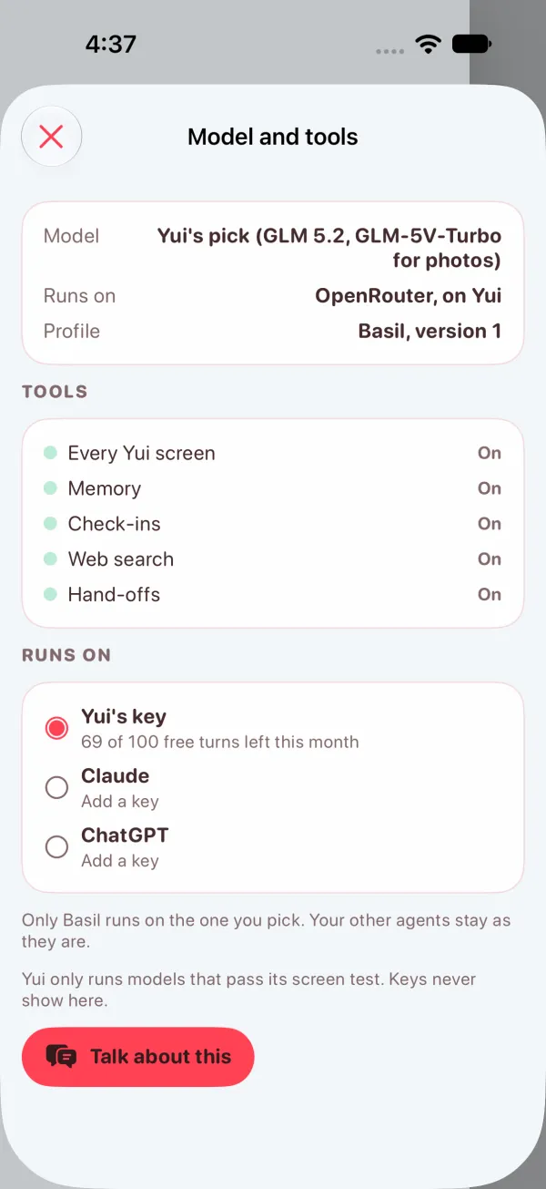 Light mode: Controls, Model, with a Runs on card offering Yui's key, Claude and ChatGPT, Yui's key selected