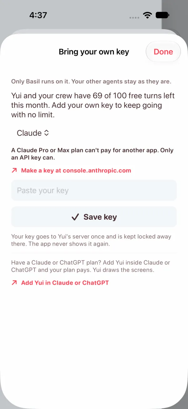 Light mode: the key sheet opened for one agent from the Claude row, saying only that agent runs on it