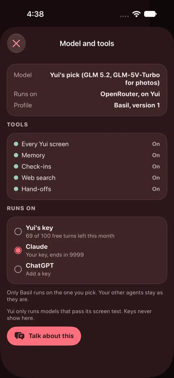 Dark mode: Runs on with Claude selected and its key ending in 9999