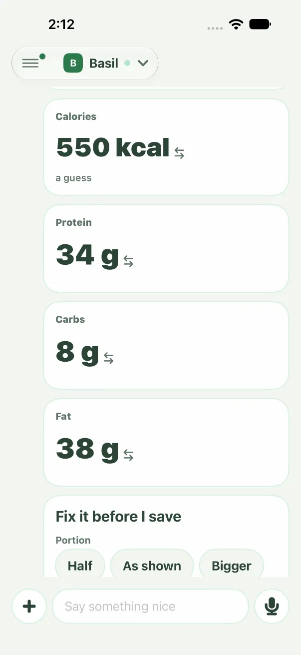 Basil's answer to a salmon photo: tiles for 550 kcal marked a guess, 34 g protein, 8 g carbs, 38 g fat, and the Fix it before I save form below