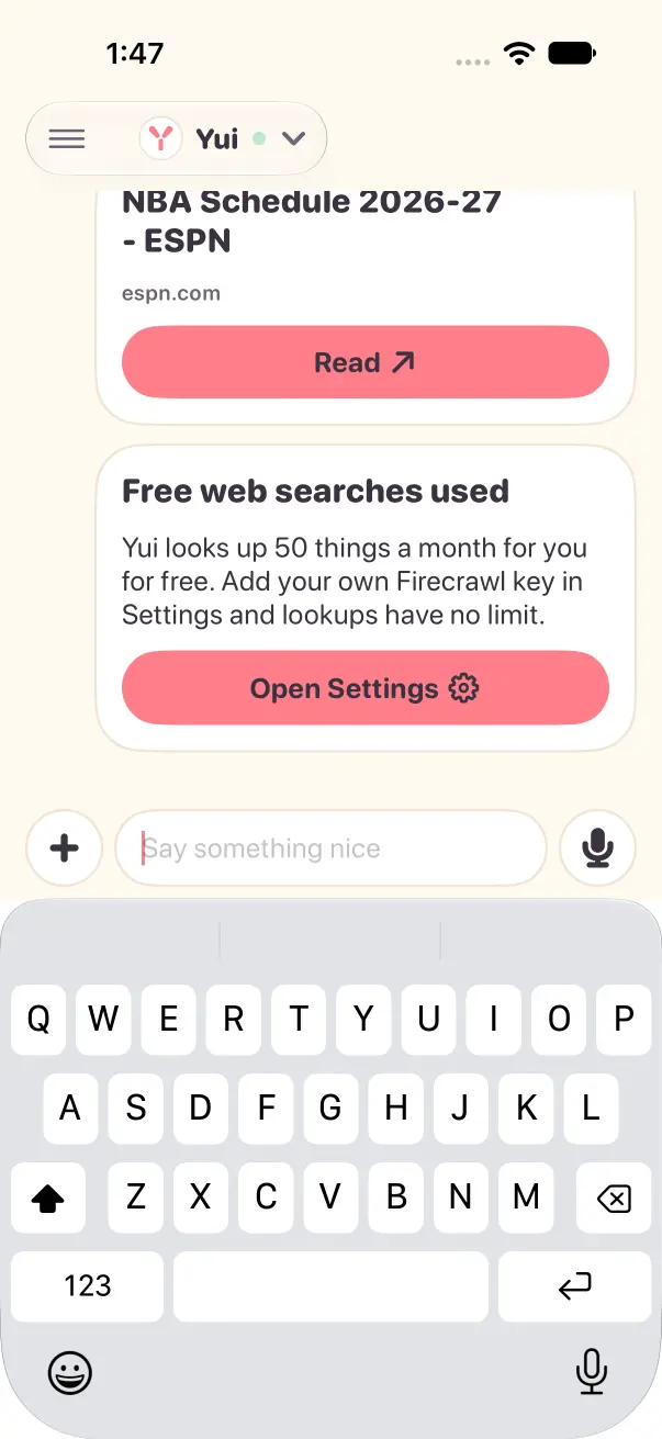 Yui's answer with a source card for ESPN and a Free web searches used card with an Open Settings button