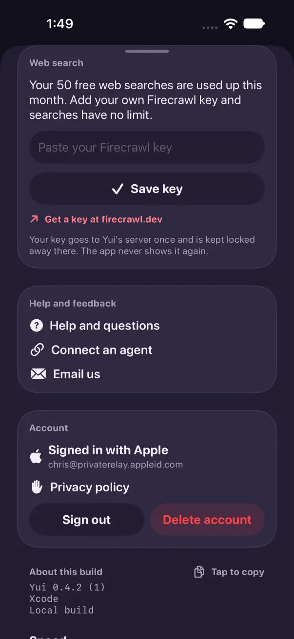 Settings, Web search in dark mode