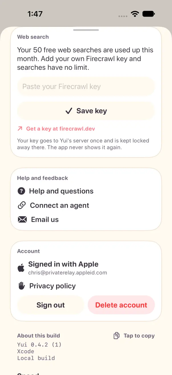 Settings, Web search: 50 free searches used up this month, a field to paste a search key and a Save key button