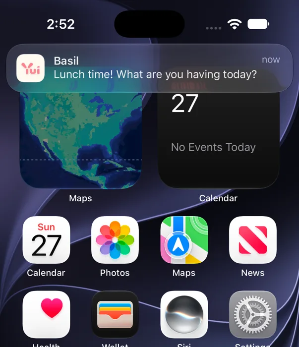 Basil's lunch check-in push in dark mode