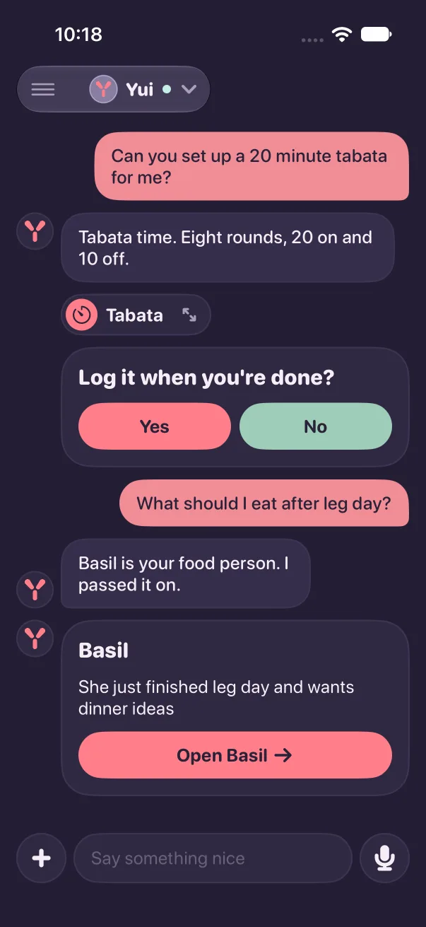 The same hand-off card in Yui's thread in dark mode.