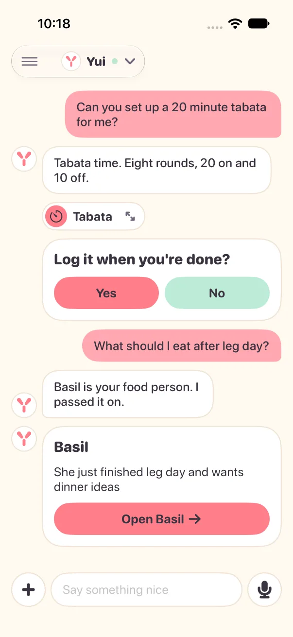 Yui's thread: the person asks what to eat after leg day, Yui says Basil is your food person, and a card for Basil with the note She just finished leg day and wants dinner ideas and an Open Basil button.
