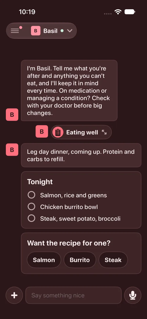 Basil's answer in dark mode: salmon, burrito bowl or steak, and a recipe pick.