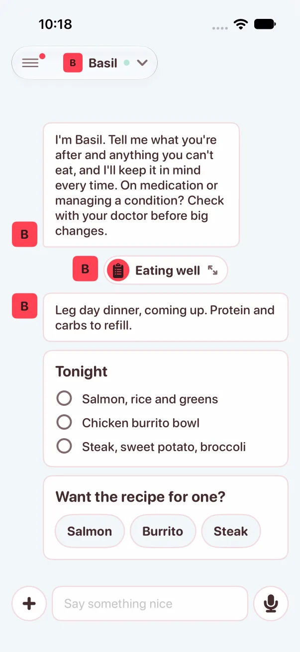 A moment later, Basil's thread: Leg day dinner, coming up, a checklist of three dinners and a pick for which recipe to see.