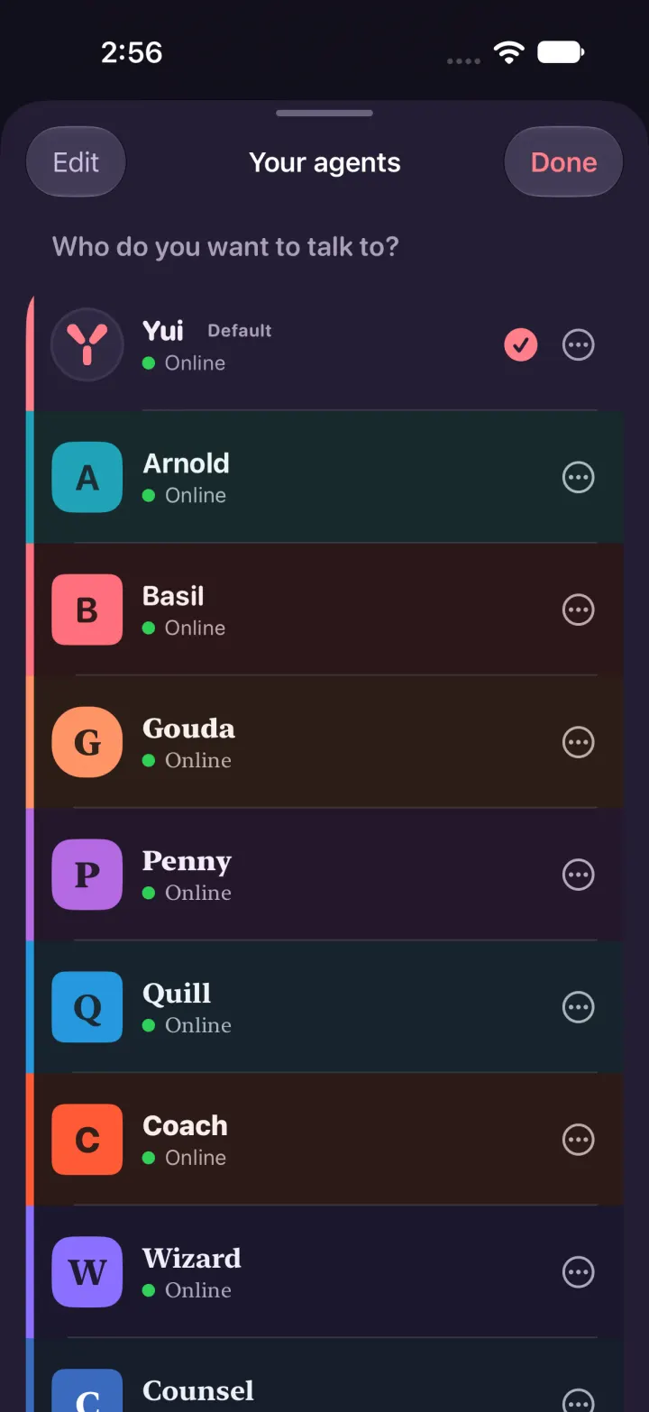Your agents in dark mode: Yui, Arnold, Basil, Gouda, Penny and Quill at the top, paired agents Coach, Wizard and Counsel below them