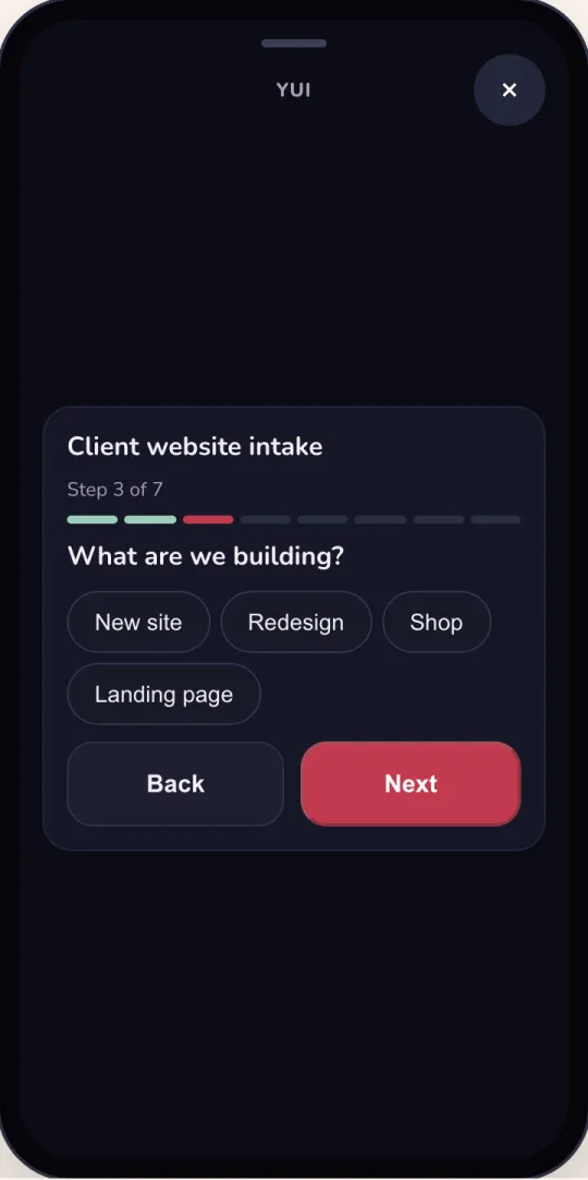 Step 3 of 7: What are we building? New site, Redesign, Shop or Landing page
