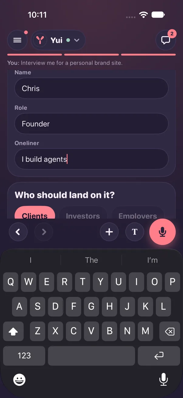 The form filled in, Chris, Founder, I build agents, and Clients picked below