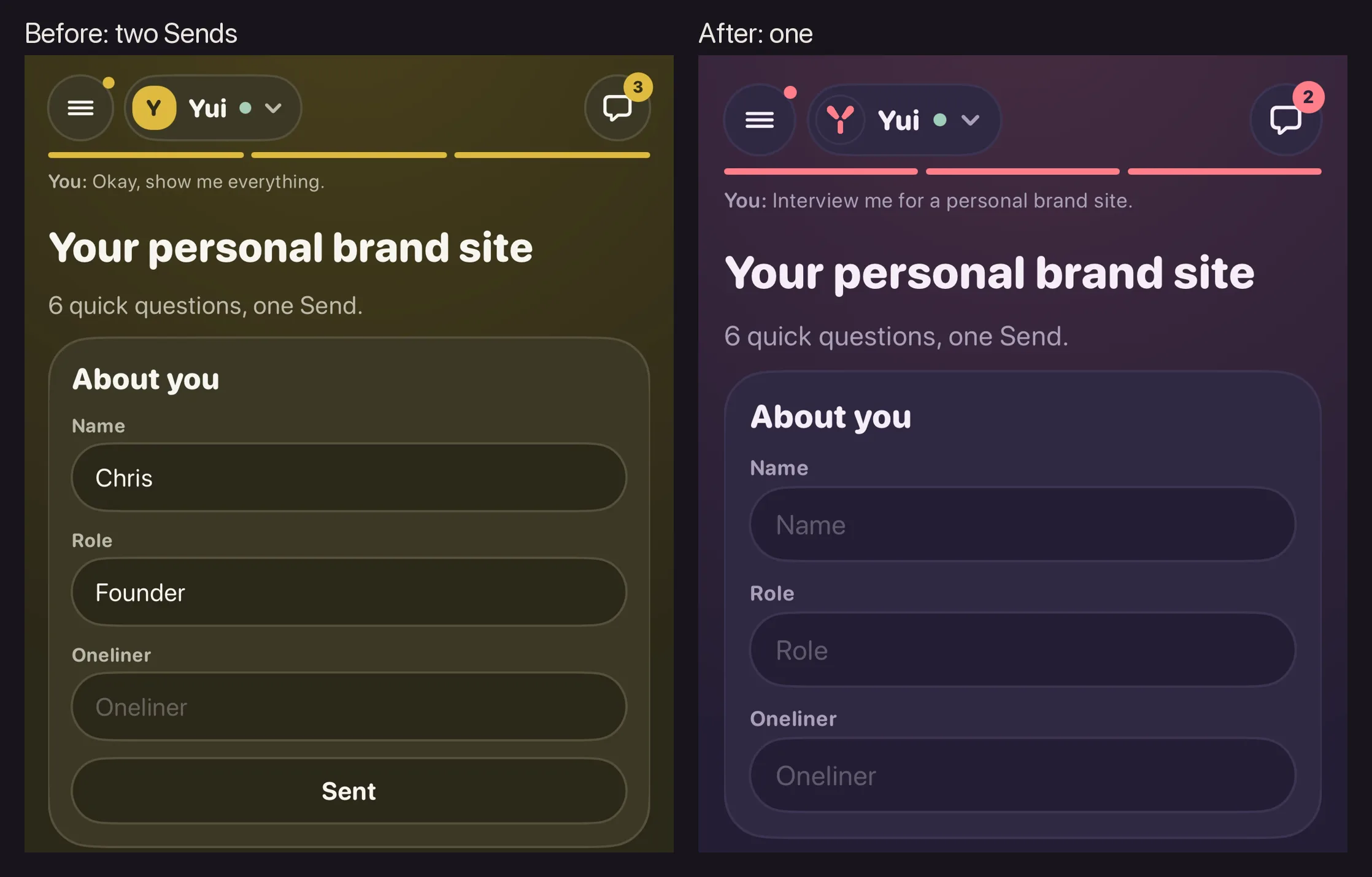 Before and after on the same questions screen: before, the About you form had its own Sent button; after, it is just fields