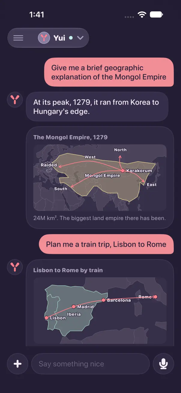 Yui in dark mode: the Mongol Empire answer as a map, the empire in gold, Karakorum pinned, arrows East, West, South and North