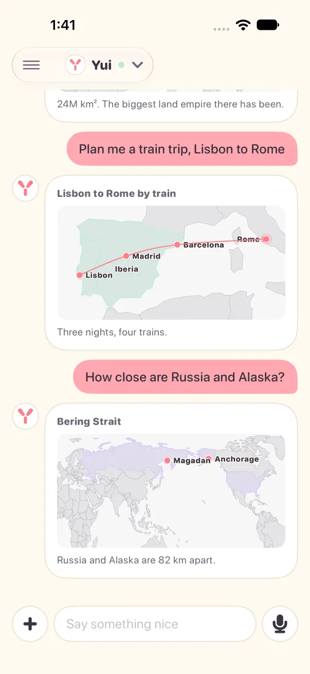 Light mode: a train trip from Lisbon to Rome on a map, Spain and Portugal in mint, a route through Madrid and Barcelona, and a map of the Bering Strait below