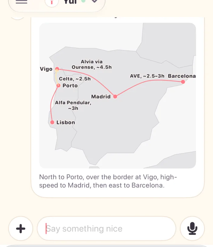 The same trip in the app in light mode, every label clear