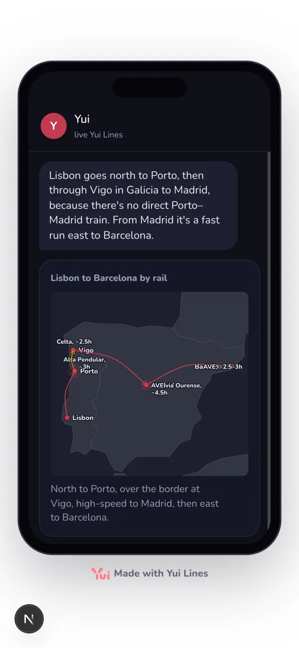 Before: the Lisbon to Barcelona map with leg labels printed over Madrid and Barcelona, unreadable