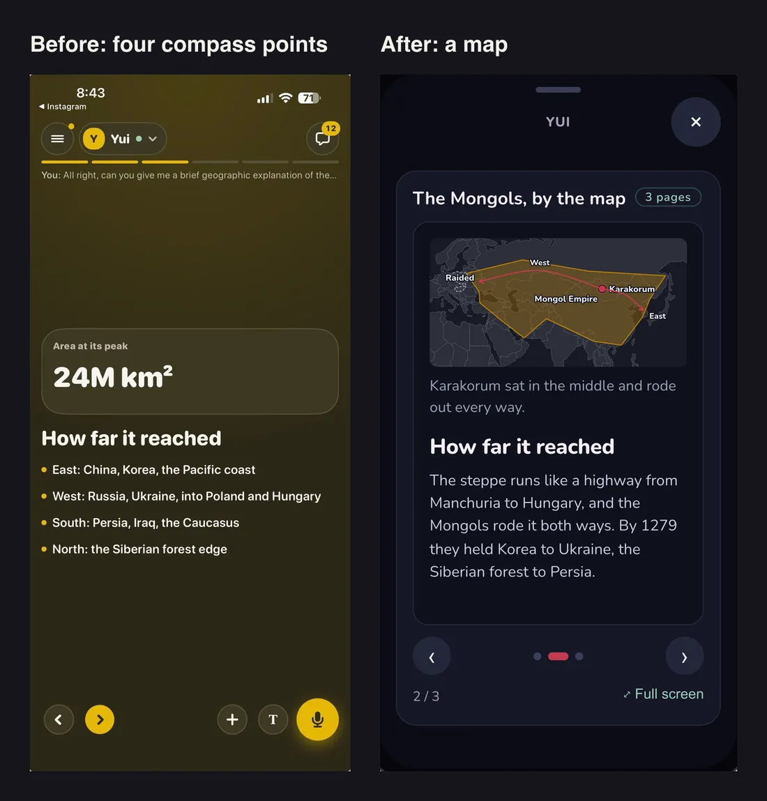 Before and after on the same question: a big 24M km² number over four compass bullets, then a deck page with the Mongol Empire filled in gold on a map, Karakorum pinned and routes east and west