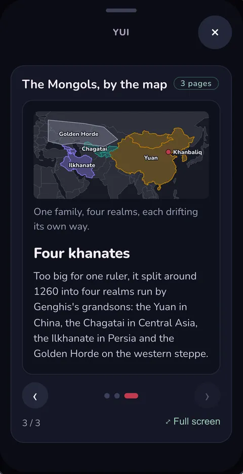 Page three: the four khanates on a map, the Yuan in gold, the Chagatai in mint, the Ilkhanate in lavender, the Golden Horde in grey