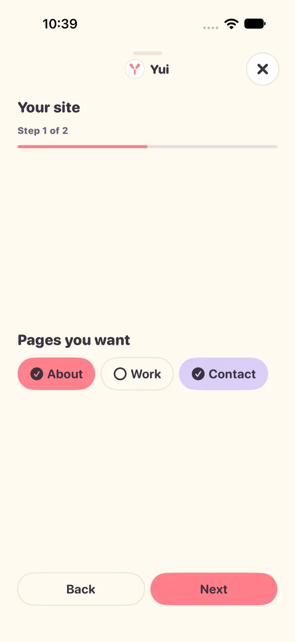 A plan step, Pages you want, with About and Contact ticked and only Back and Next below