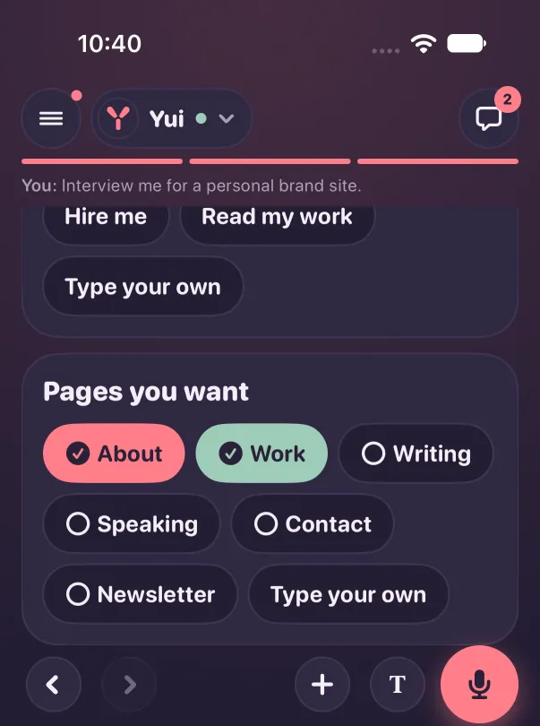 Pages you want on the full screen questions: About and Work ticked, no Done button under the options