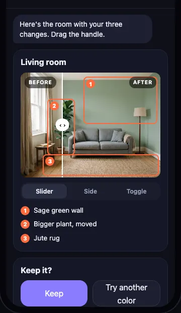 A before and after slider on a room photo, with numbered changes