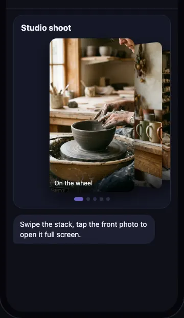 A photo gallery screen, cards stacked in 3D